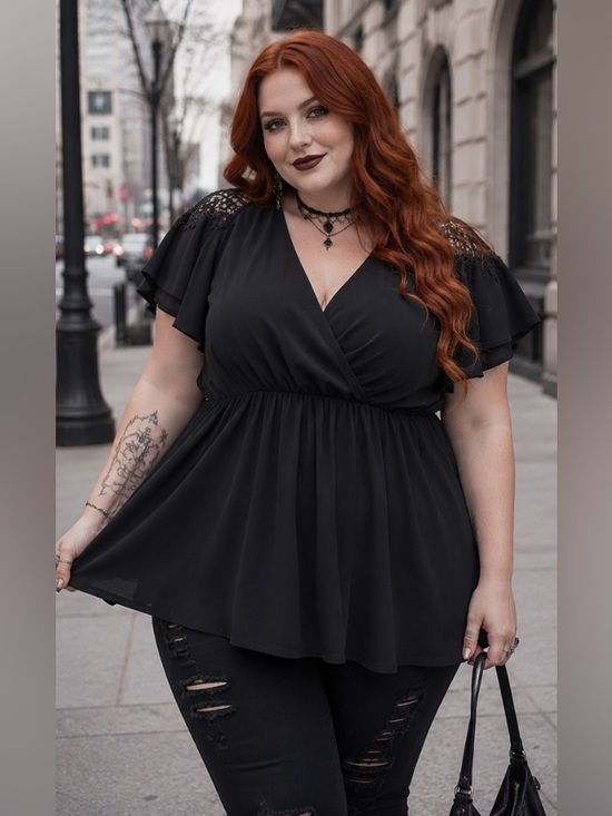torrid Tops - torrid Black Faux-Wrap Tunic with Lace Shoulders